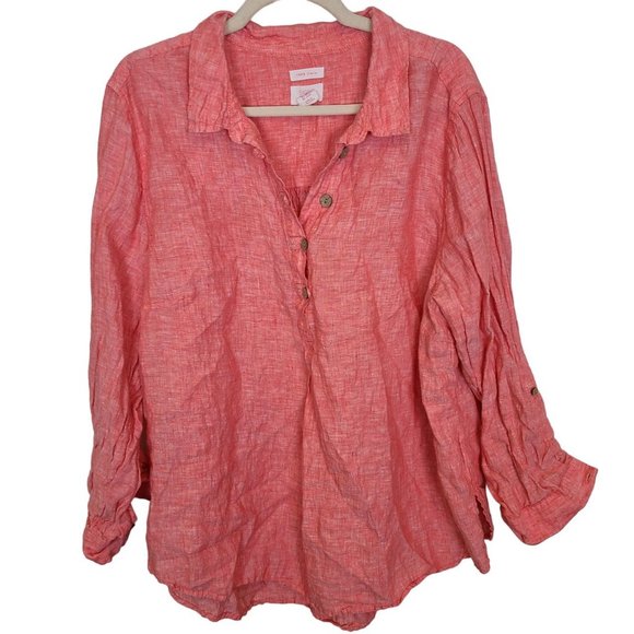 Sigrid Olsen Womens 2X Orange Linen Half Button Up Long Roll Tab Sleeves Shirt - Picture 1 of 6